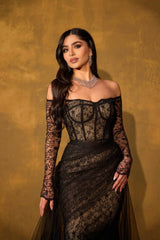 Elegant Black Off-The-Shoulder Long Sleeves Lace Tulle Prom Dresses Column With Zipper