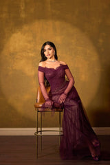 Romantic Grape Sweetheart Off-The-Shoulder Long Sleeves Lace Prom Dress Mermaid Beads With Zipper Ruffles