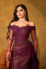 Romantic Grape Sweetheart Off-The-Shoulder Long Sleeves Lace Prom Dress Mermaid Beads With Zipper Ruffles