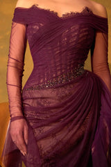 Romantic Grape Sweetheart Off-The-Shoulder Long Sleeves Lace Prom Dress Mermaid Beads With Zipper Ruffles