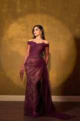 Romantic Grape Sweetheart Off-The-Shoulder Long Sleeves Lace Prom Dress Mermaid Beads With Zipper Ruffles