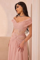 Pretty Pink V-Neck Off-The-Shoulder Chiffon Prom Dresses A-Line Beads With Pleats