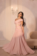 Pretty Pink V-Neck Off-The-Shoulder Chiffon Prom Dresses A-Line Beads With Pleats