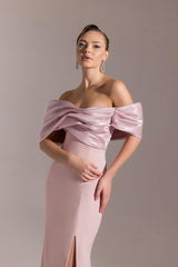 Classic Dusty Pink Off-The-Shoulder Mermaid Satin Prom Dresses Column High Split With Zipper