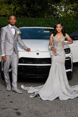 Charming Silver Sweetheart Straps Sleeveless Mermaid Prom Dresses Column With Gem