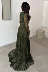 Elegant Jewel Long Sleeves Prom dresses Floor Length Beading With Pleats Zipper
