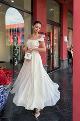 Timeless Off-The-Shoulder Chiffon Prom Dresses Long With Lace-Up Back Pleats