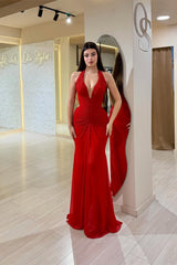 Charming Red Halter Sleeveless Mermaid Prom Dresses Sheath With Gloves