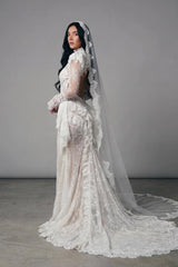 Charming White High Collar Long Sleeves Lace Prom Dresses Mermaid Backless With Pleats