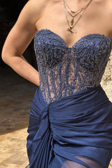 Stunning Dark Navy Sweetheart Strapless Sleeveless Chiffon Prom Dresses Beads With High Split