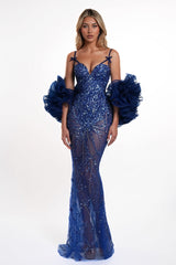 Stunning Blue Sweetheart Spaghetti Straps Sleeveless Mermaid Prom Dresses Beads With Lace-Up Back