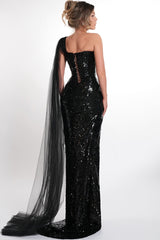 Elegant Black One Shoulder Sleeveless Sequins Mermaid Prom Dresses High Split With Lace-Up Back