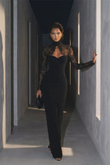 Graceful Black Sweetheart High Collar Long Sleeves Satin Lace Prom Dresses Mermaid Column With Zipper