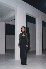 Graceful Black Sweetheart High Collar Long Sleeves Satin Lace Prom Dresses Mermaid Column With Zipper