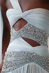 Charming One Shoulder Sleeveless Chiffon Prom Dresses Beads With Pleats Zipper