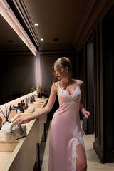 Pretty Pink V-Neck Spaghetti Straps Sleeveless Satin Prom Dresses Lace With High Split