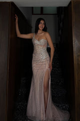 Stunning One Shoulder Sweetheart Sleeveless Mermaid Prom Dresses Gem With High Split