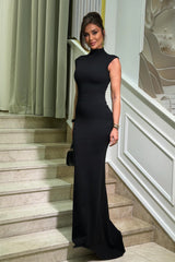 Chic Black High Collar Sleeveless Satin Mermaid Column Floor Length Prom Dresses