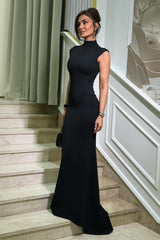 Chic Black High Collar Sleeveless Satin Mermaid Column Floor Length Prom Dresses