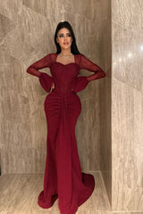 Timeless burgundy Sweetheart Long Sleeves Satin Lace Prom Dresses Mermaid With Pleats