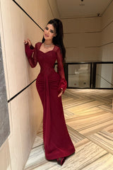 Timeless burgundy Sweetheart Long Sleeves Satin Lace Prom Dresses Mermaid With Pleats
