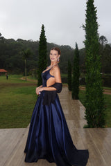 Romantic Dark Navy Straps Sleeveless Satin Prom Dresses A-Line With Pockets