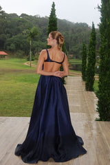 Romantic Dark Navy Straps Sleeveless Satin Prom Dresses A-Line With Pockets