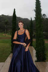 Romantic Dark Navy Straps Sleeveless Satin Prom Dresses A-Line With Pockets