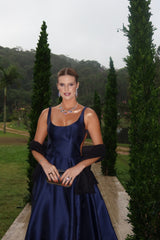 Romantic Dark Navy Straps Sleeveless Satin Prom Dresses A-Line With Pockets