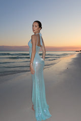 Charming Mint Green Halter Spaghetti Straps Mermaid Prom Dresses Column With Zipper