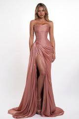 Chic Dusty Rose Strapless Sleeveless Mermaid Prom Dresses High Split With Pleats Lace-Up Back