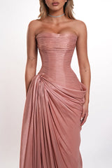 Chic Dusty Rose Strapless Sleeveless Mermaid Prom Dresses High Split With Pleats Lace-Up Back