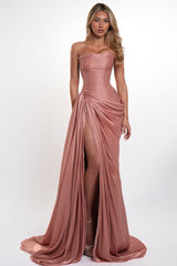 Chic Dusty Rose Strapless Sleeveless Mermaid Prom Dresses High Split With Pleats Lace-Up Back