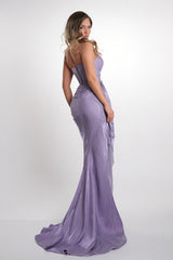Graceful Lilac Sweetheart Spaghetti Straps Sleeveless Prom Dresses Mermaid High Split With Lace-Up Back