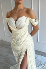 Graceful Off-The-Shoulder Sweetheart Mermaid Prom Dresses Side Split With Pleats