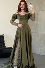 Romantic Green Long Sleeves Satin Prom Dresses A-Line High Split With Pleats
