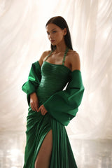 Elegant Emerald Green Halter Sleeveless Mermaid Prom Dresses Side Split With Pleats