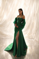 Elegant Emerald Green Halter Sleeveless Mermaid Prom Dresses Side Split With Pleats