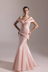 Glamorous Pink Off-The-Shoulder Mermaid Prom Dresses Column With Zipper Pleats