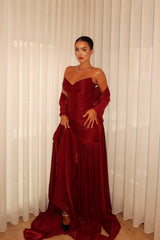 Romantic Burgundy Sweetheart Strapless Sleeveless Prom Dresses Floor Length With Pleats