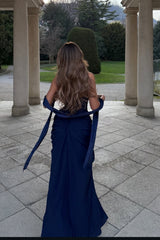Glamorous Dark Navy Strapless Sleeveless Mermaid Prom Dresses High Split With Pleats