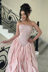 Glamorous Pink Strapless Sleeveless A-Line Prom Dresses Beads With Lace-Up Back