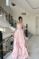 Glamorous Pink Strapless Sleeveless A-Line Prom Dresses Beads With Lace-Up Back