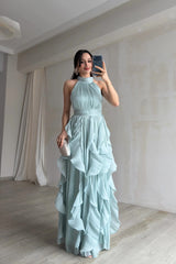 Romantic Halter Sleeveless Chiffon Prom Dresses Long With Pleats Ruffles