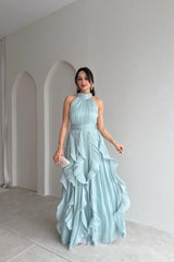 Romantic Halter Sleeveless Chiffon Prom Dresses Long With Pleats Ruffles