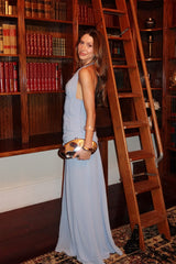 Charming Blue Halter Sleeveless Chiffon Prom Dresses Backless With Pleats