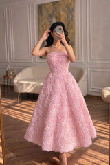 Elegant Pink Strapless Sleeveless A-Line Prom Dresses