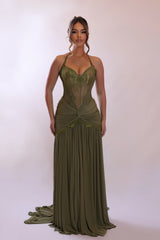 Romantic Moss Halter Sweetheart Sleeveless Prom Dresses Lace Long With Pleats