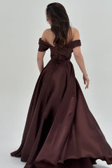 Graceful Chocolate Off The Shoulder Satin Prom Dresses A-Line Gem With Lace-Up Back