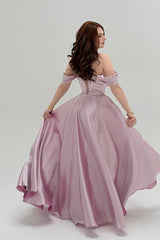 Graceful Chocolate Off The Shoulder Satin Prom Dresses A-Line Gem With Lace-Up Back
